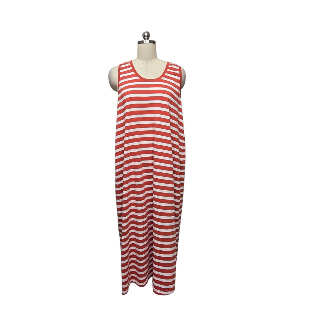 Pact Womens Organic Cotton Striped Sleeveless Maxi Tank Dress Orange White Large